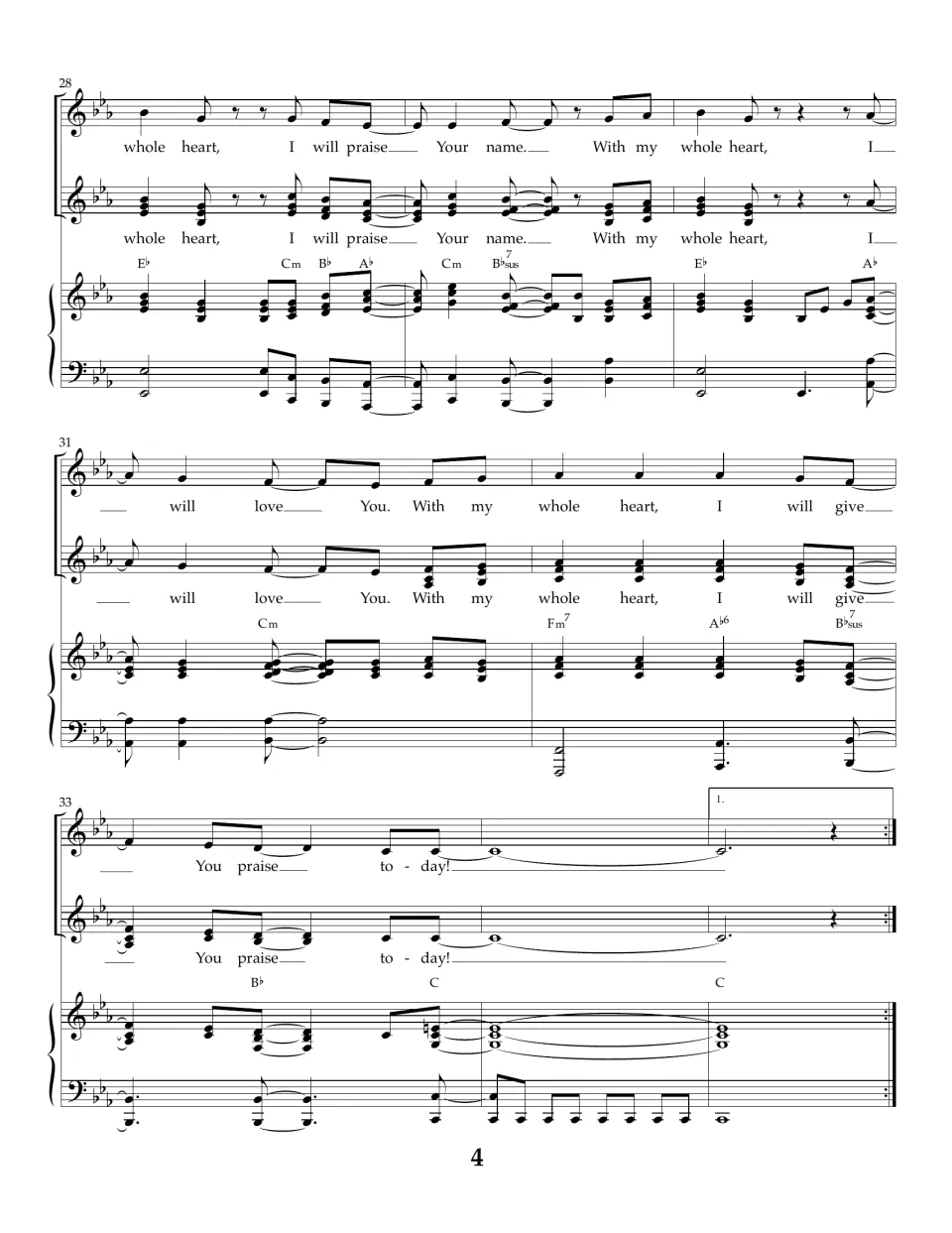 Chorus in measures 28-35: "I will praise Your name" and "I will love You," closing on "You praise today!" at the repeat
