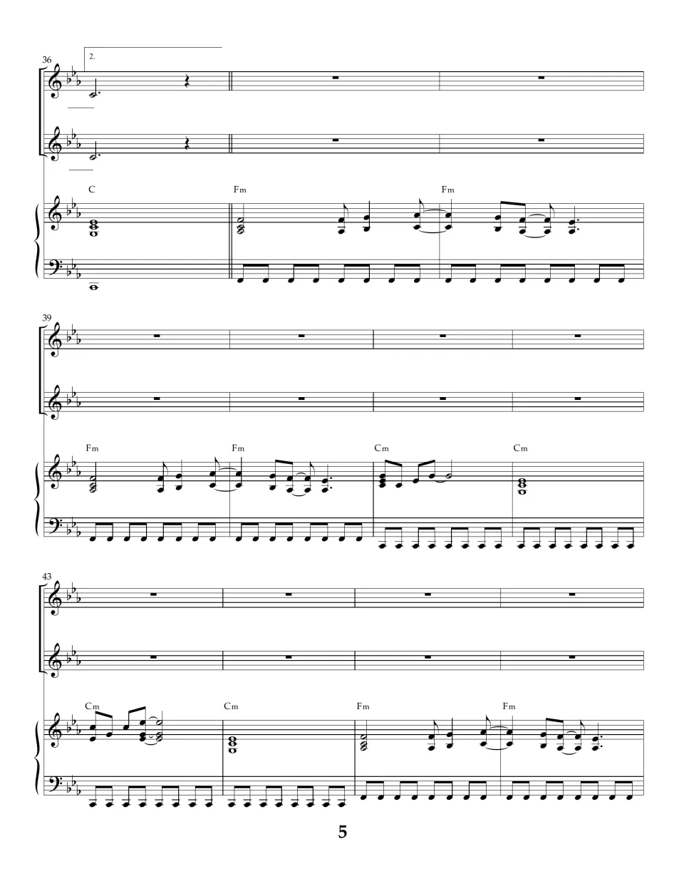 Instrumental interlude in measures 36-46: second ending, piano alone plays Fm and Cm chords while vocal parts rest