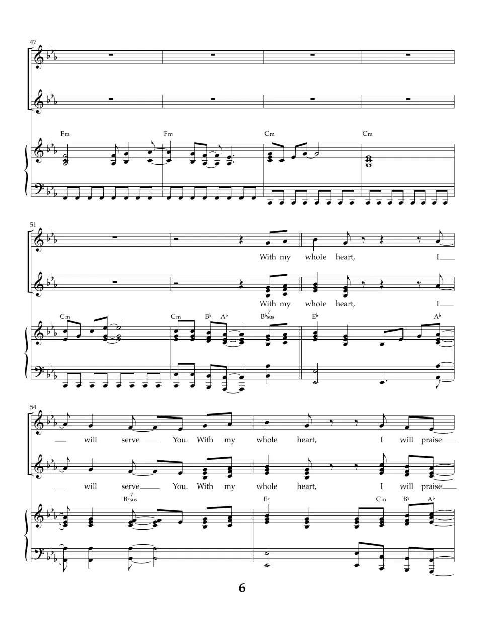 Interlude ends at measure 50, then the final chorus returns at measure 52 with "I will serve You" in both vocal lines