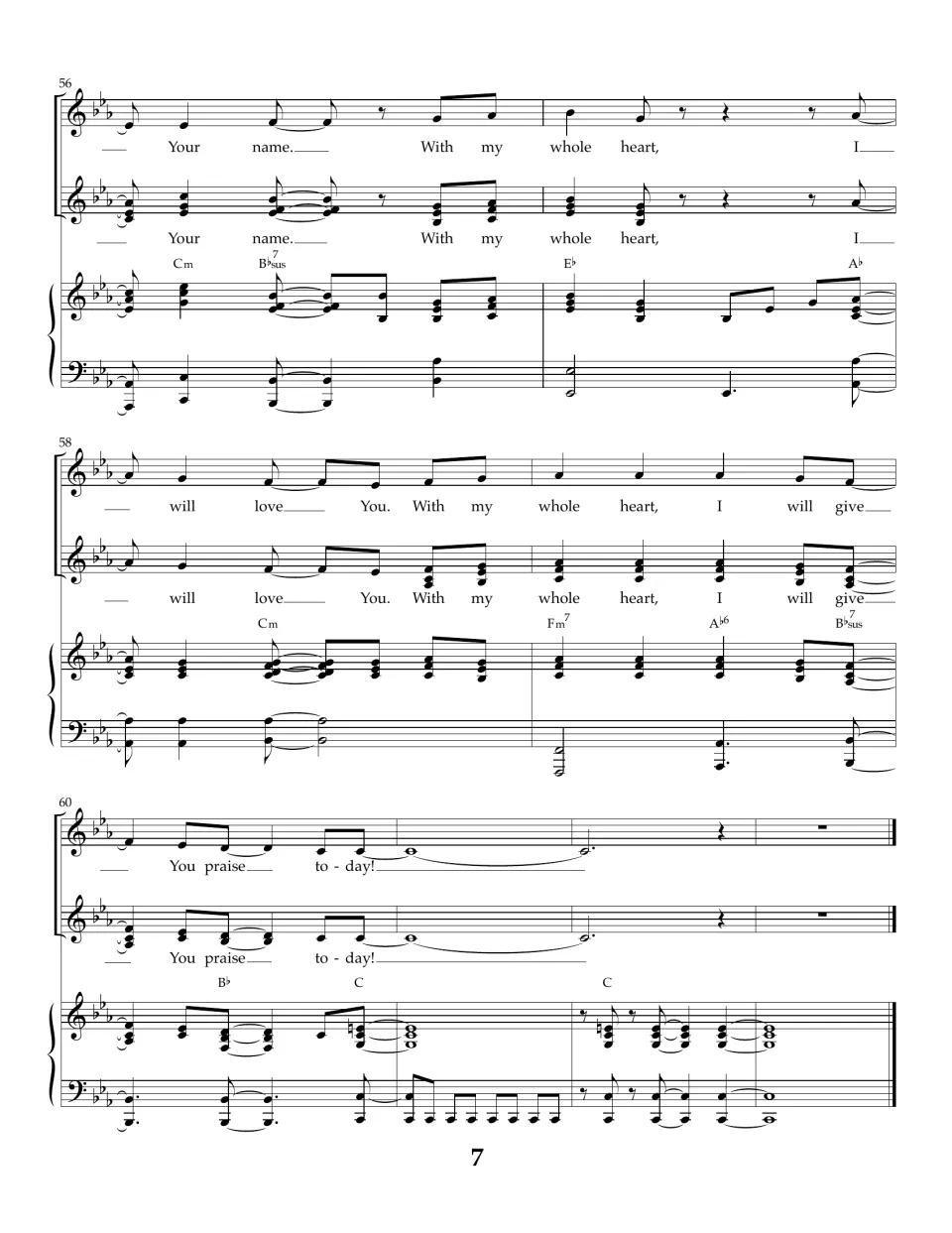 Final chorus close in measures 56-63: "I will love You" and "You praise today!" held on C chords to the final bar