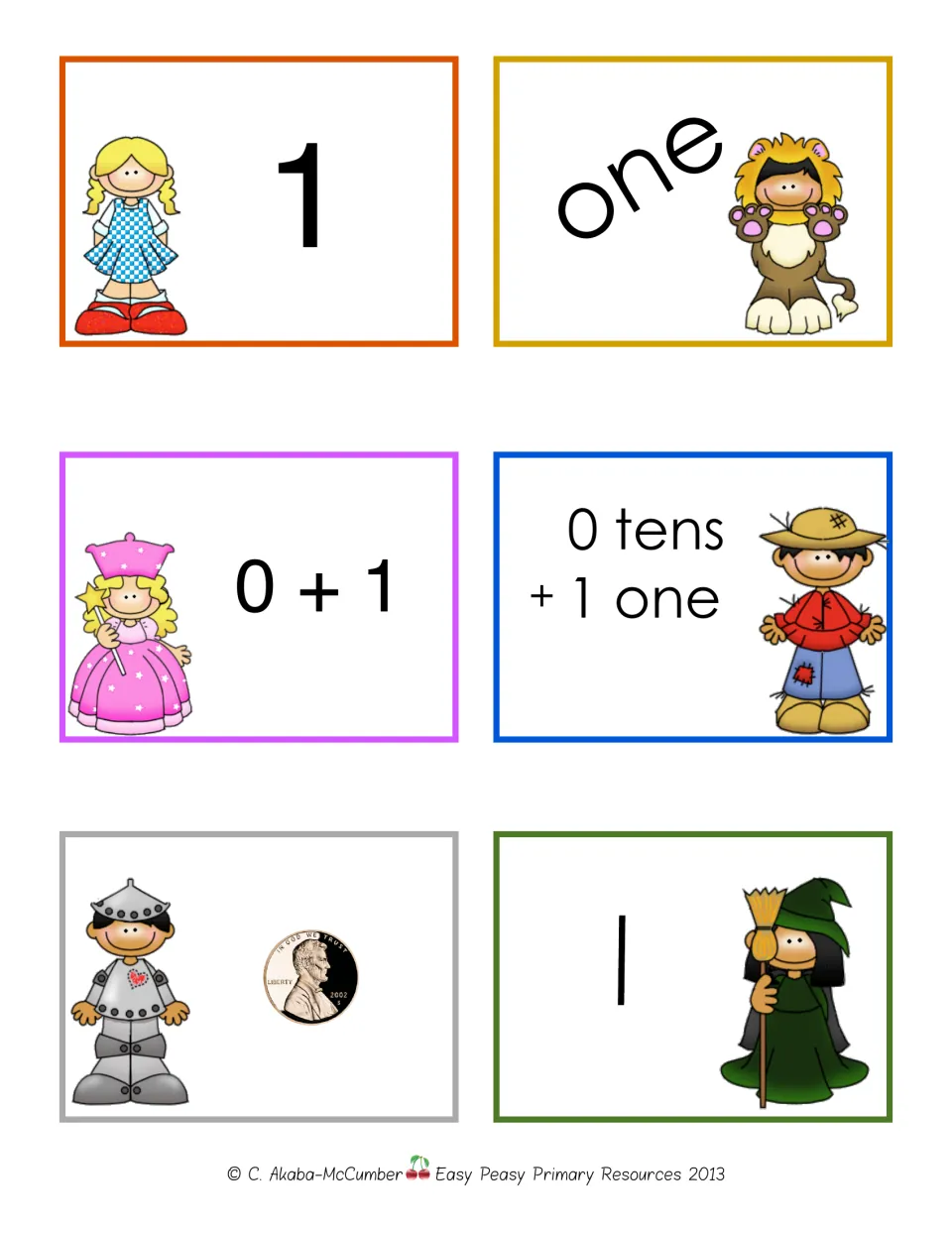 Number 1 matching cards: students match the numeral 1, the word one, 0 + 1, 0 tens + 1 one, a penny and one tally mark