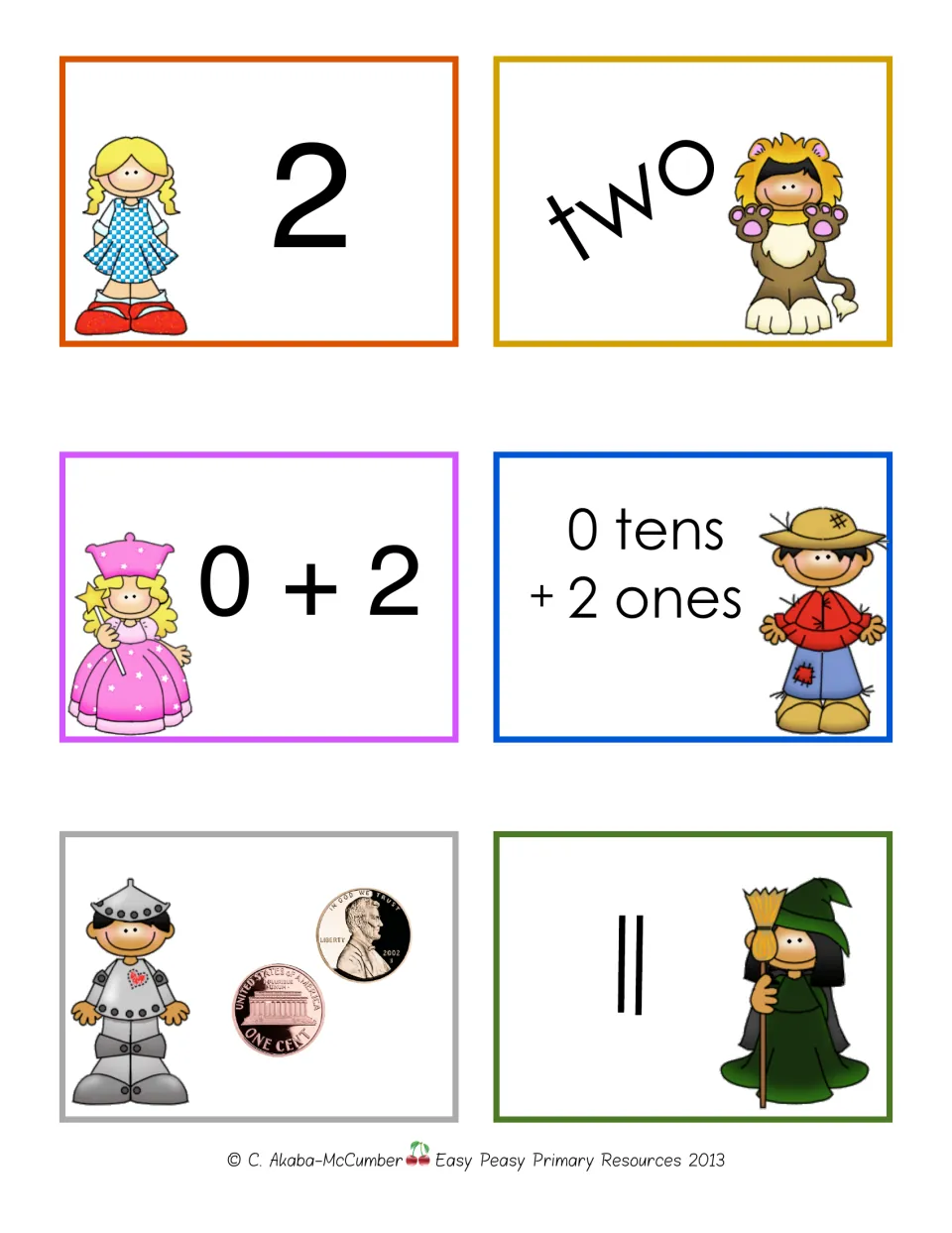 Number 2 matching cards: students match the numeral 2, the word two, 0 + 2, 0 tens + 2 ones, two pennies and 2 tallies