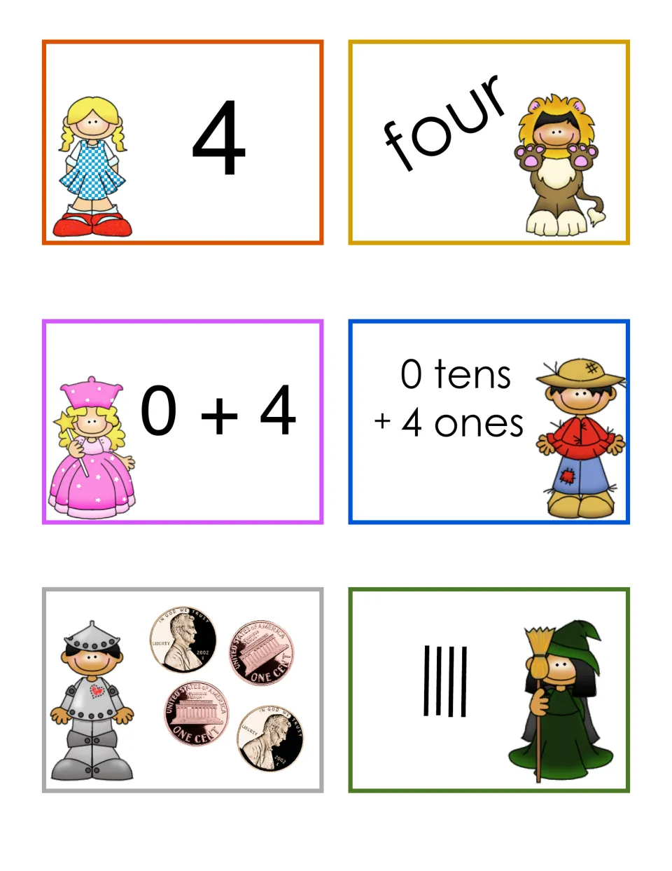 Number 4 matching cards: students match the numeral 4, the word four, 0 + 4, 0 tens + 4 ones, four pennies and 4 tallies