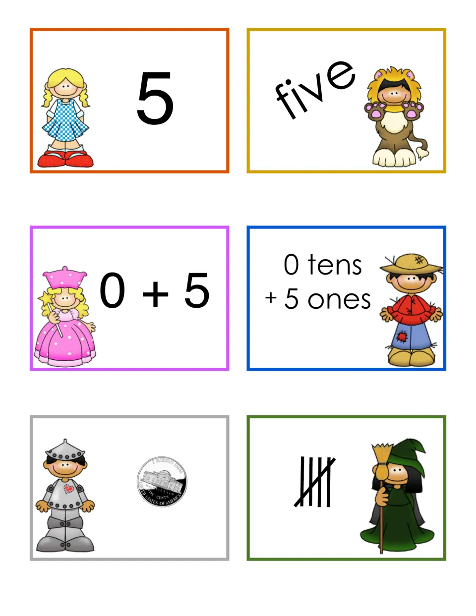 Number 5 matching cards: students match the numeral 5, the word five, 0 + 5, 0 tens + 5 ones, a nickel and a tally bundle