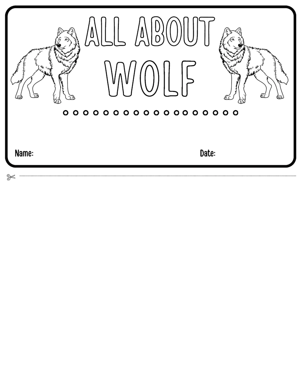 All About Wolf flipbook cover showing two wolf drawings, with name and date spaces, to cut out as the top flap