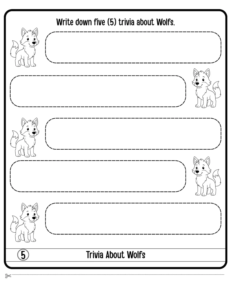 Trivia About Wolfs: students write down five wolf facts, one beside each cartoon wolf pup drawing