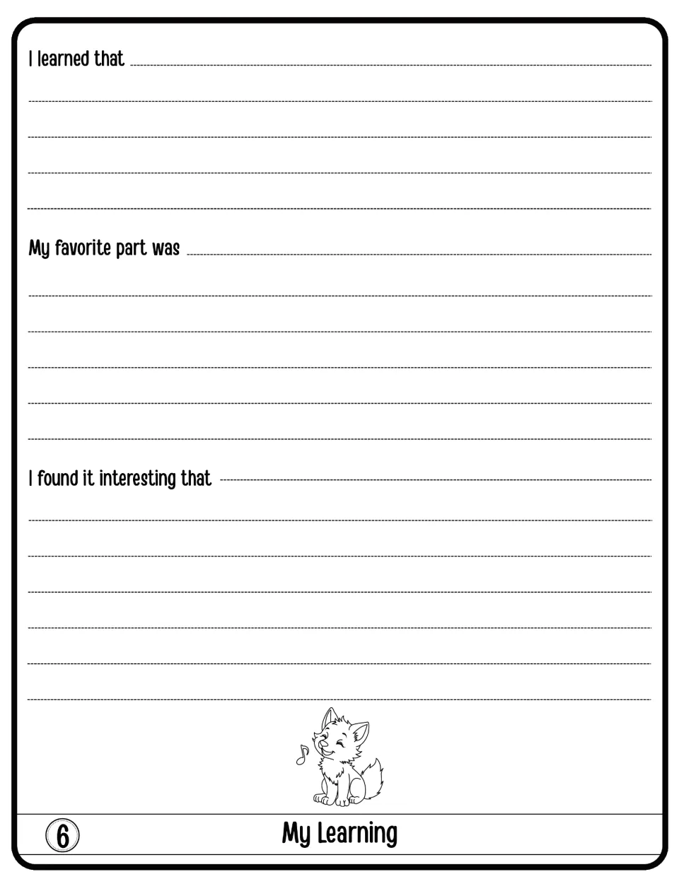 My Learning reflection: students finish I learned that, My favorite part was and I found it interesting that about wolves