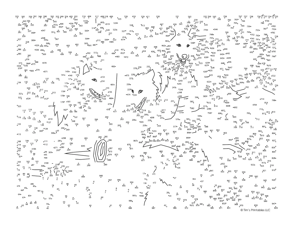 Wolf dot-to-dot numbered 1 to 1000: students join the dots in number order to reveal the partly drawn wolf scene