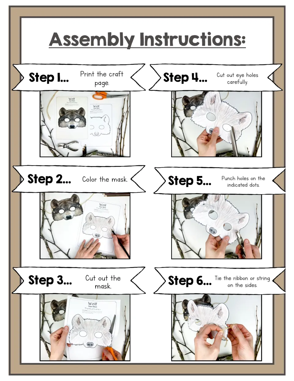Assembly instructions in six photo steps: print, color, cut out the mask, cut eye holes, punch holes and tie on ribbon