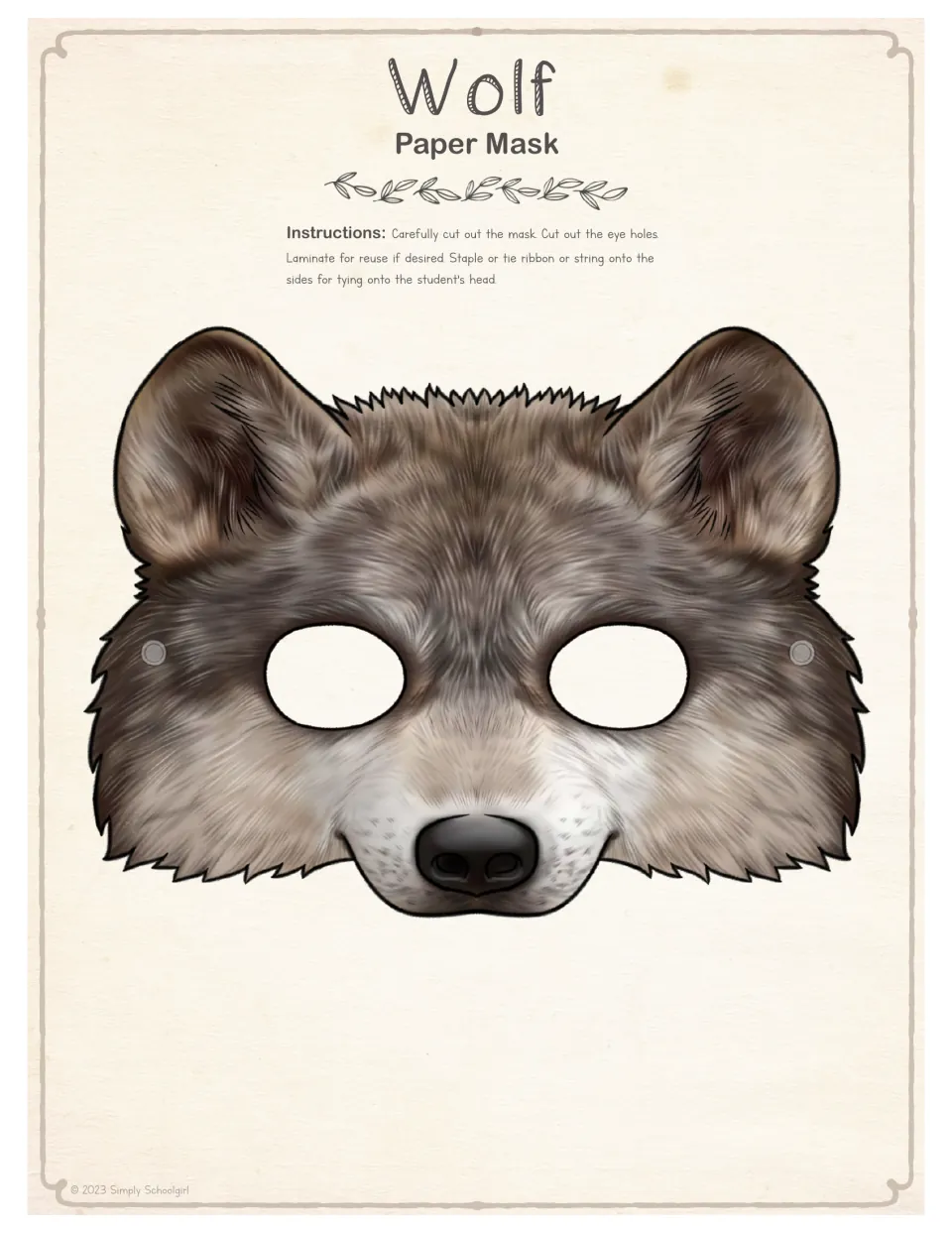 Full-color realistic wolf face template with eye holes and punch dots; students cut it out and tie it on with string