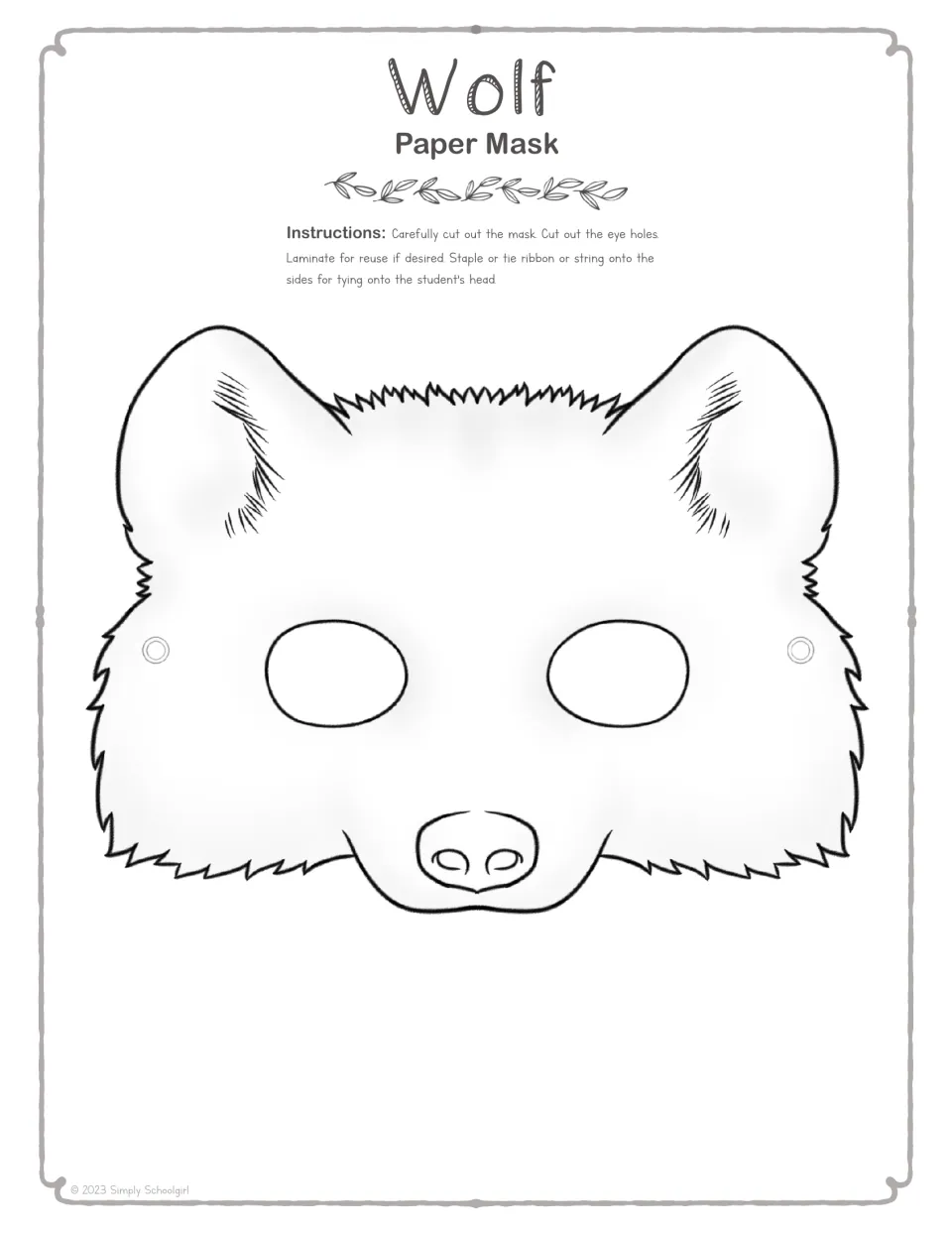 Black-and-white wolf face outline with eye holes and punch dots for students to color, cut out and tie on with ribbon