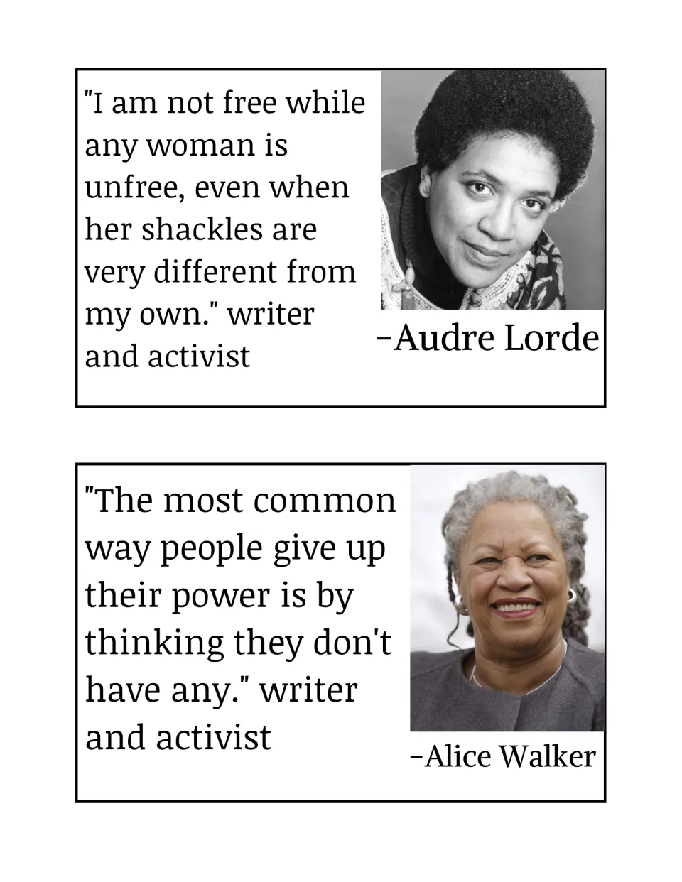 Bulletin board posters labeled Audre Lorde and Alice Walker, with quotations about freedom and personal power