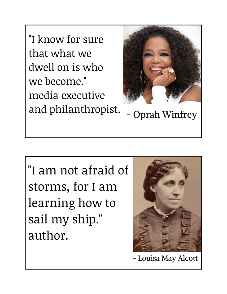 Bulletin board posters for Oprah Winfrey and Louisa May Alcott, with quotations about thoughts and facing storms
