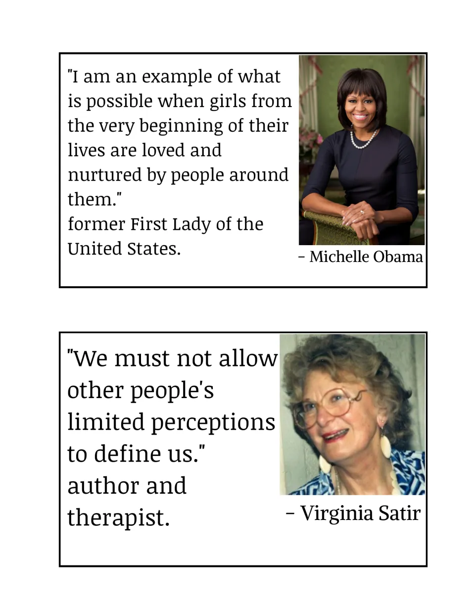 Bulletin board posters for Michelle Obama and Virginia Satir, quoting support for girls and self-definition