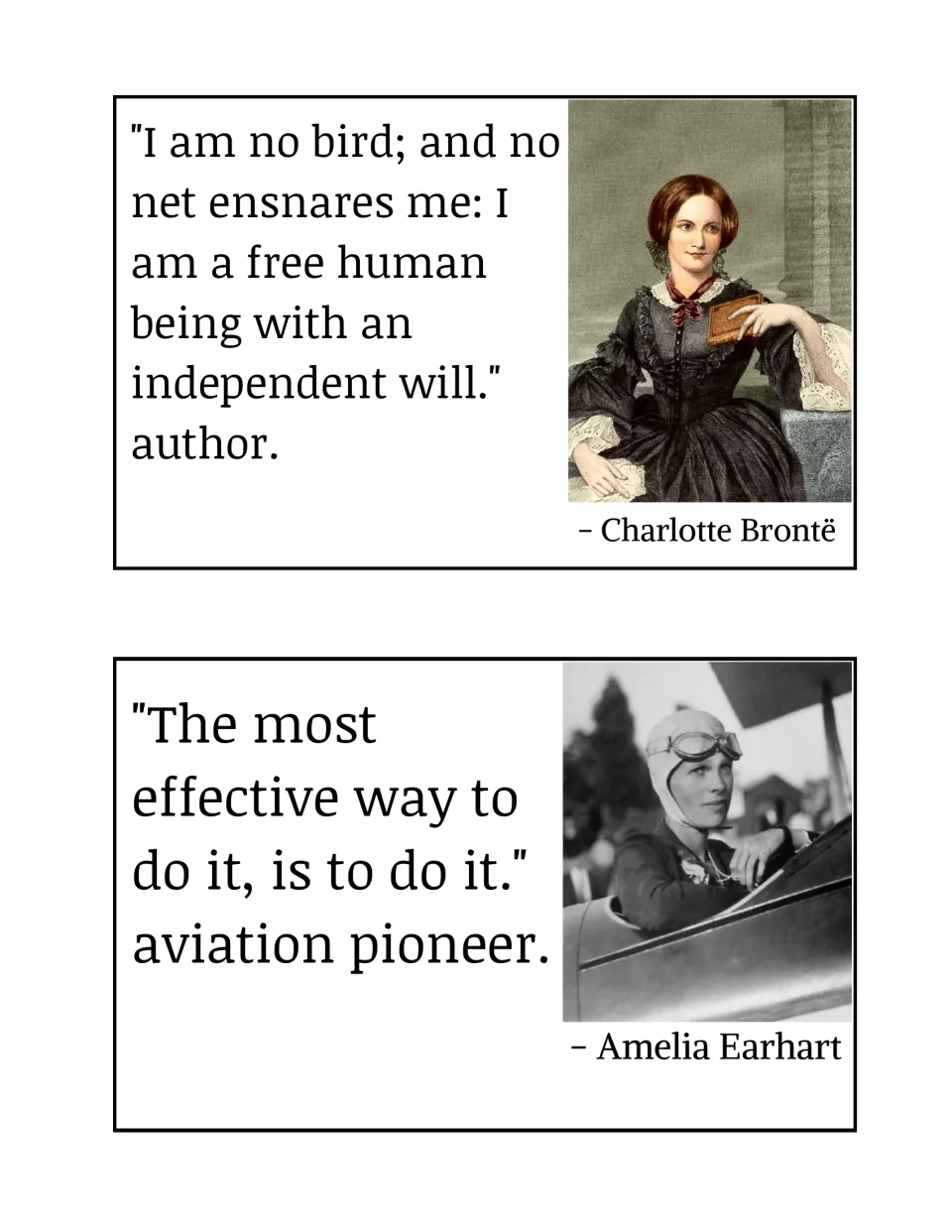 Bulletin board posters for Charlotte Brontë and Amelia Earhart, with quotations about independence and action
