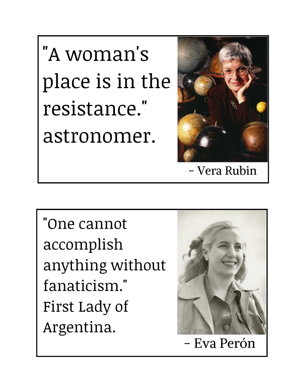 Bulletin board posters for Vera Rubin and Eva Perón, with quotations about resistance and accomplishment