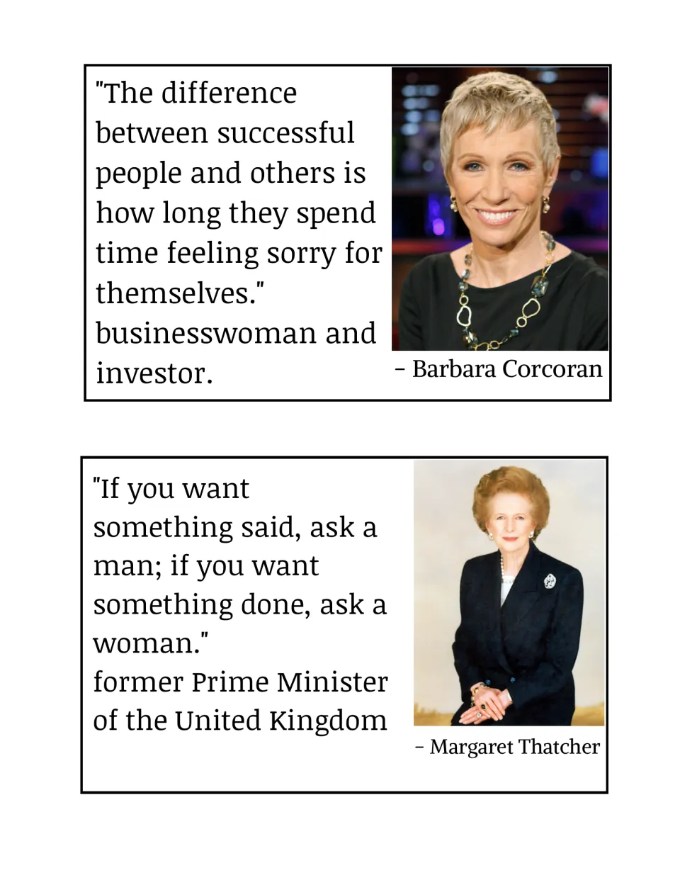 Bulletin board posters for Barbara Corcoran and Margaret Thatcher, with quotations about success and getting done