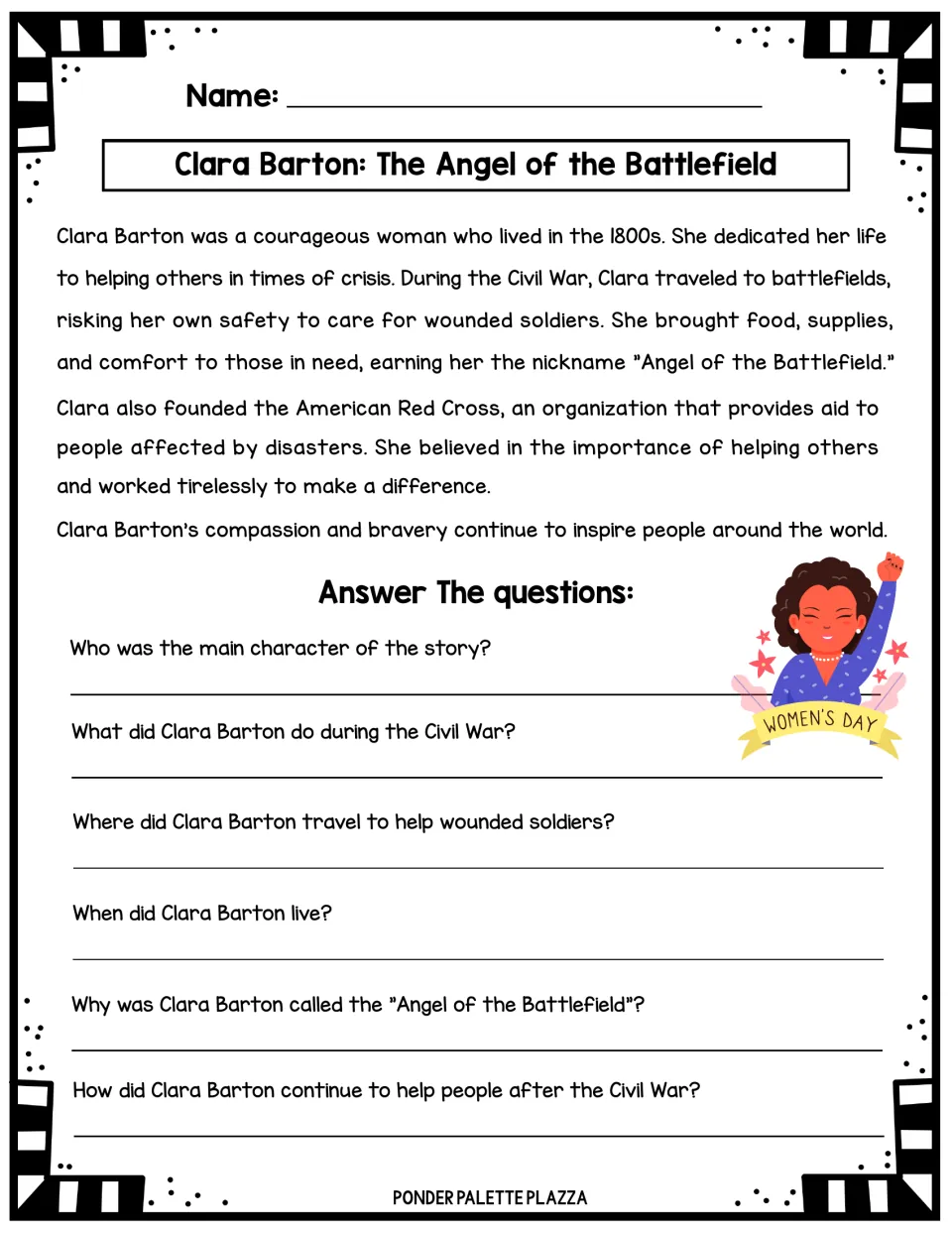 Clara Barton short story about Civil War aid and founding the American Red Cross, with six WH questions