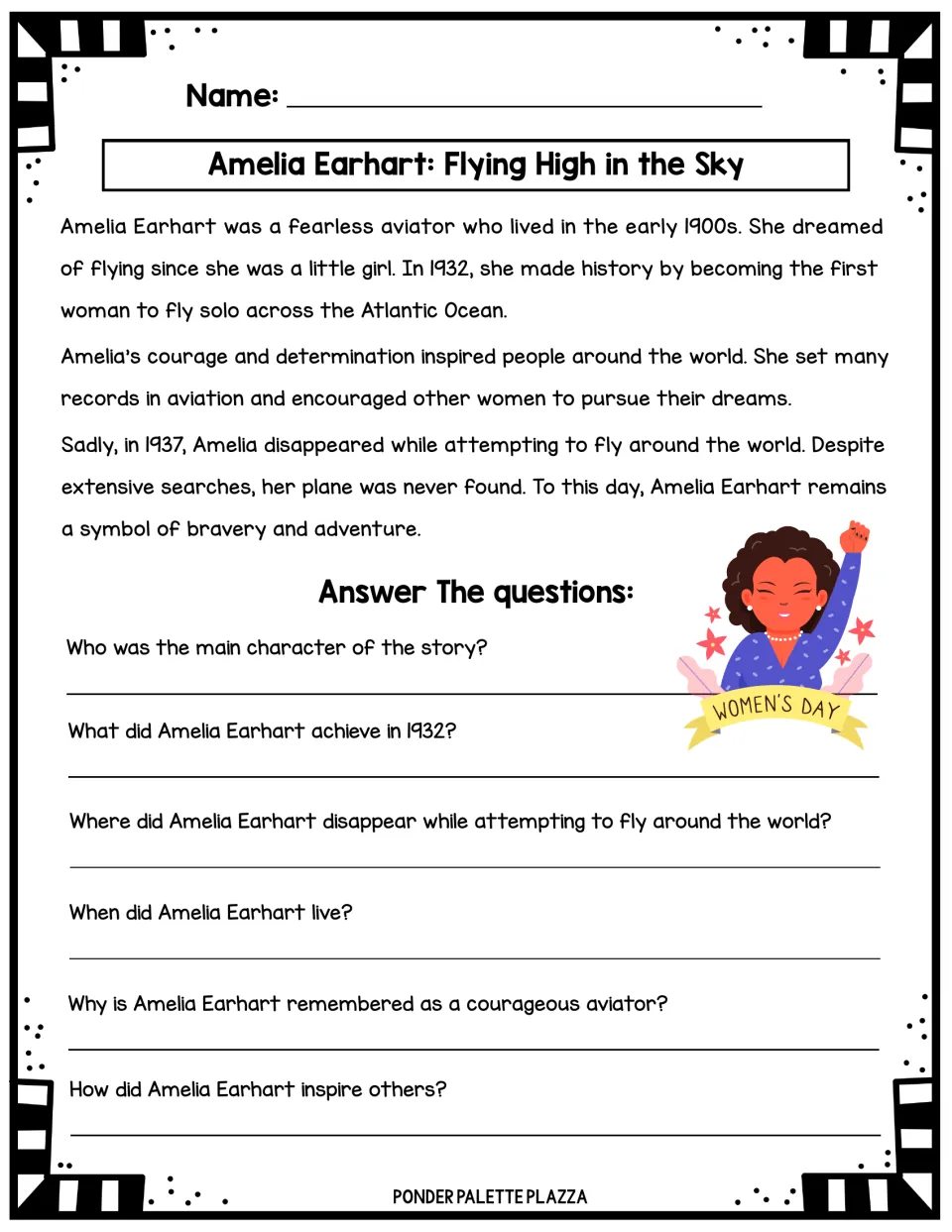 Amelia Earhart short story about her solo Atlantic flight and disappearance, followed by six WH questions