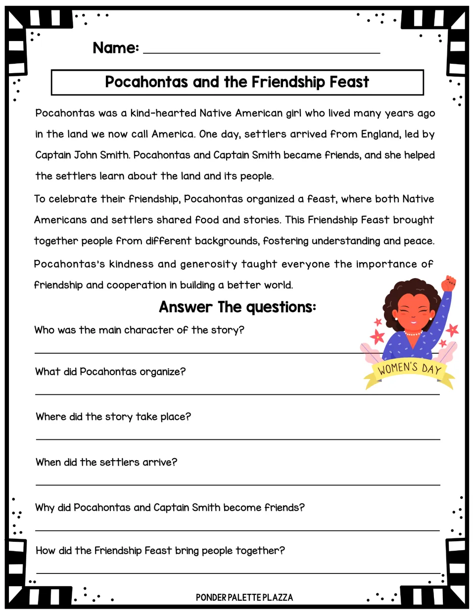 Pocahontas short story describing a friendship feast with Native Americans and settlers, with six WH questions
