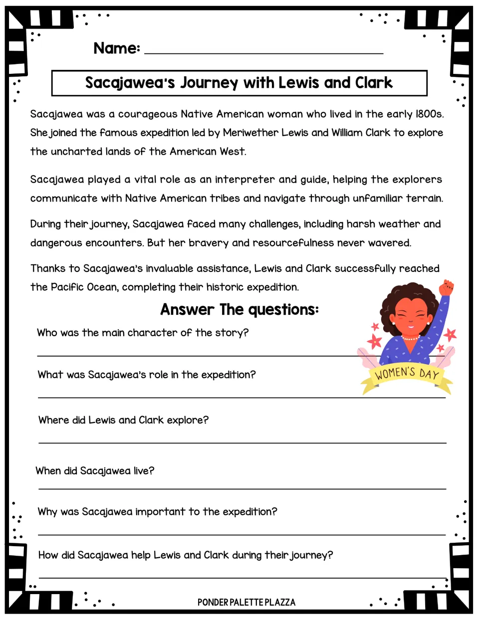 Sacajawea short story about helping Lewis and Clark as an interpreter and guide, followed by six WH questions