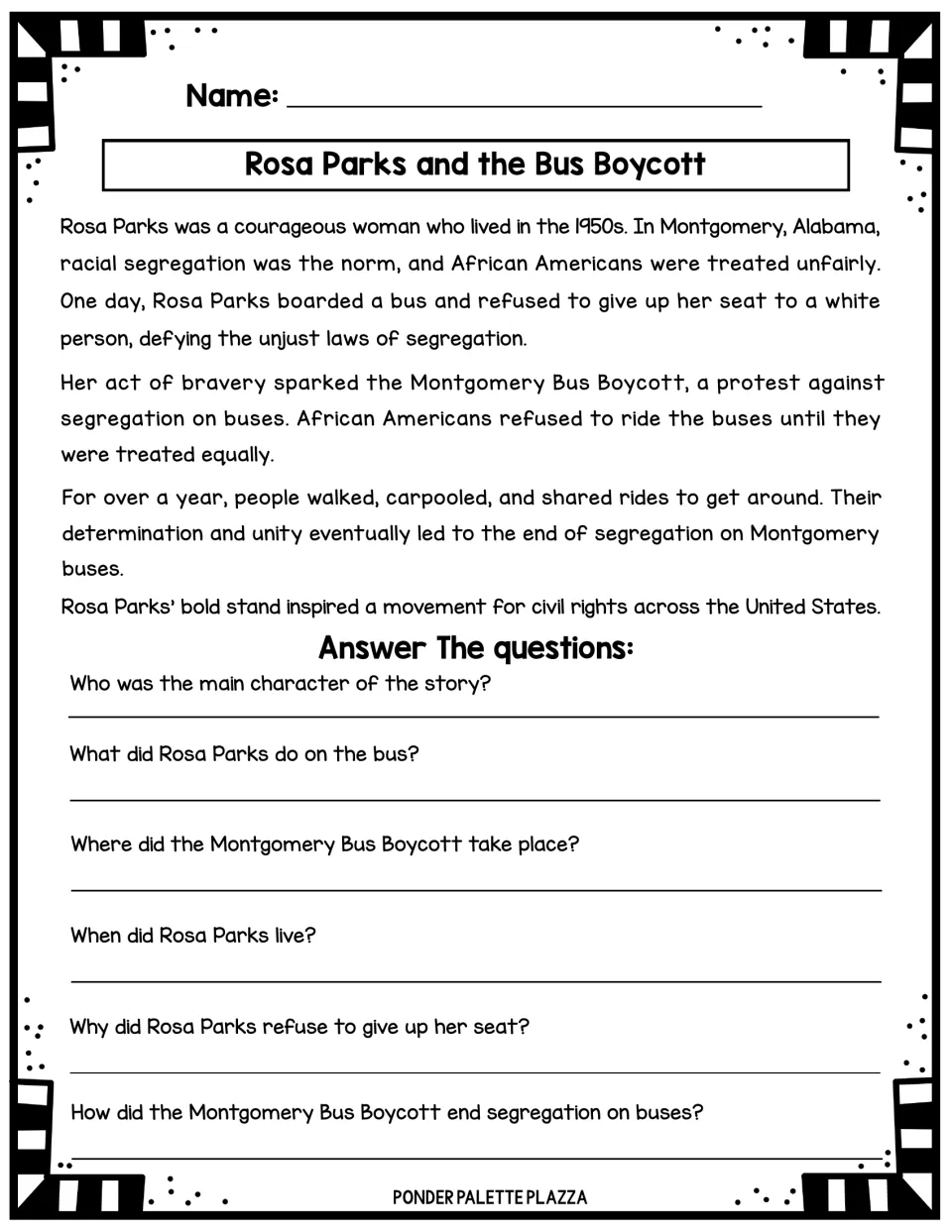 Rosa Parks short story about refusing to give up her seat and the Montgomery Bus Boycott, with six WH questions