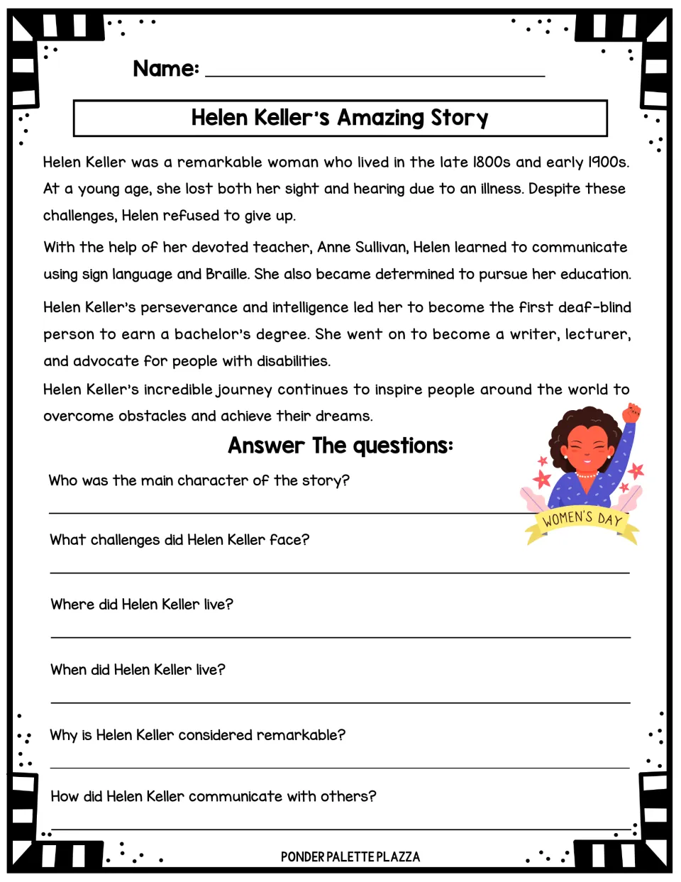 Helen Keller short story about communication, education, and advocacy for disabilities, with six WH questions