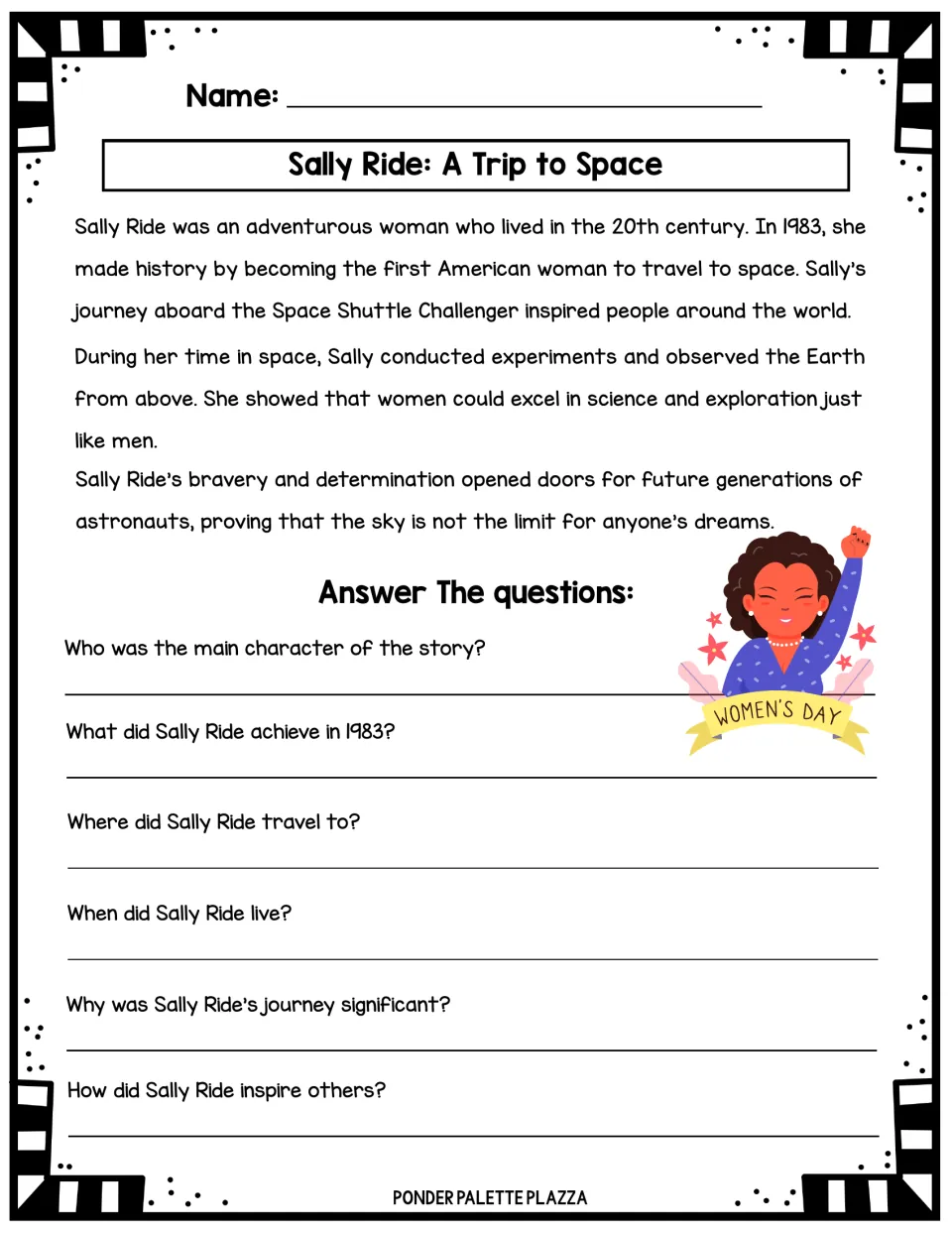 Sally Ride short story about her 1983 spaceflight aboard the Space Shuttle Challenger, with six WH questions