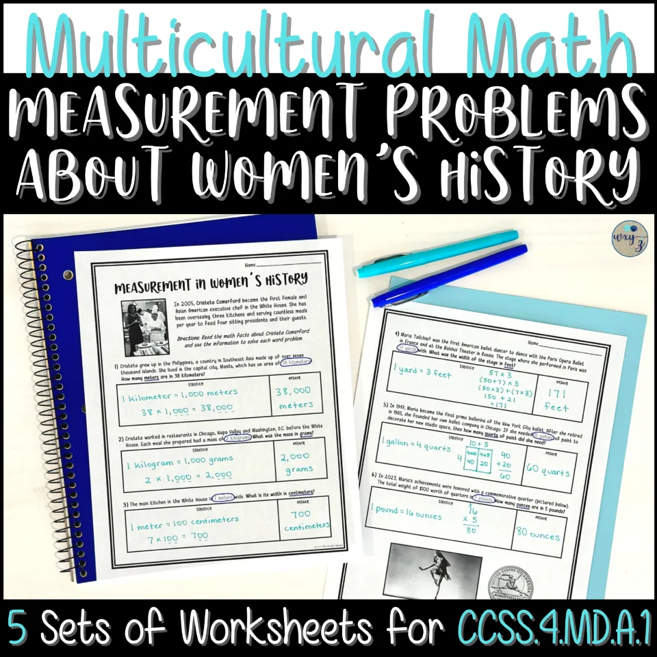 Cover for five sets of women's history measurement word problems, featuring sample conversion worksheets