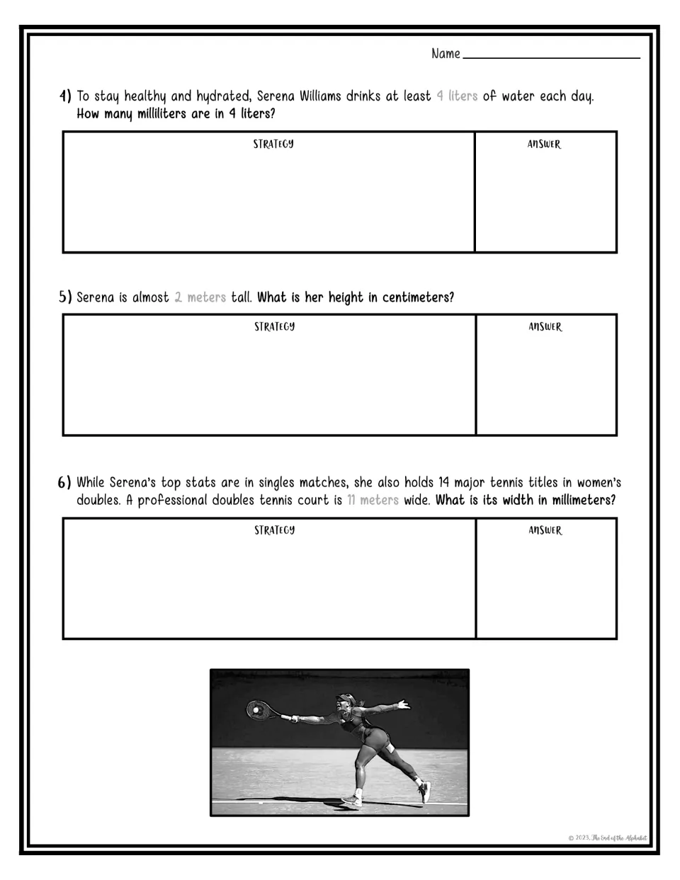 Serena Williams metric problems 4–6: convert 4 liters to milliliters, 2 m to centimeters, and 11 m to millimeters