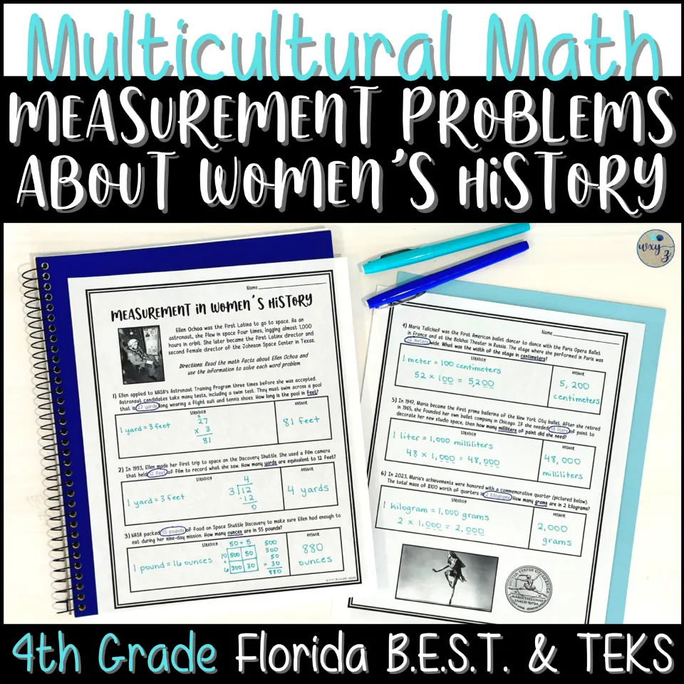 Cover for women's history measurement word problems, showing metric and customary conversion examples