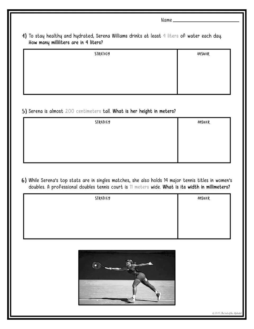 Serena Williams metric problems 4–6: convert water volume, her height, and the width of a doubles court