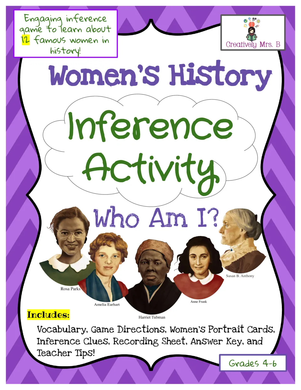 Women's History Inference Activity cover: Who Am I? game on 12 famous women, with portraits like Rosa Parks