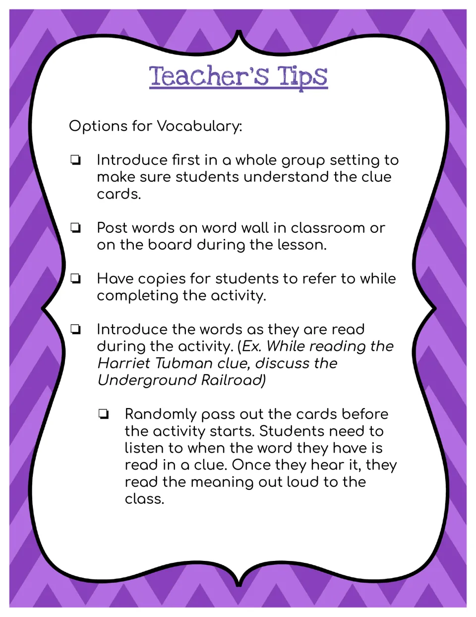Teacher's Tips, Options for Vocabulary: word wall posting, student copies and passing out cards to read meanings aloud
