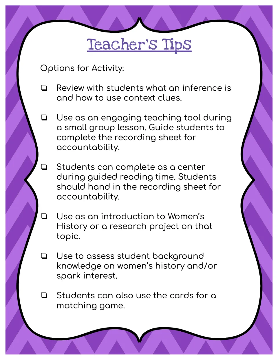 Teacher's Tips, Options for Activity: review inference and context clues; use with small groups or centers