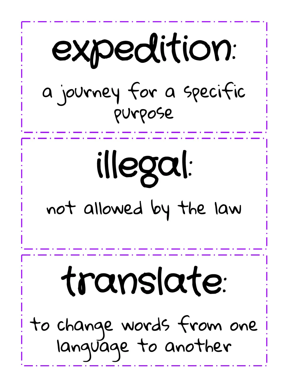 Vocabulary cards defining expedition, illegal and translate, each word shown with a short definition
