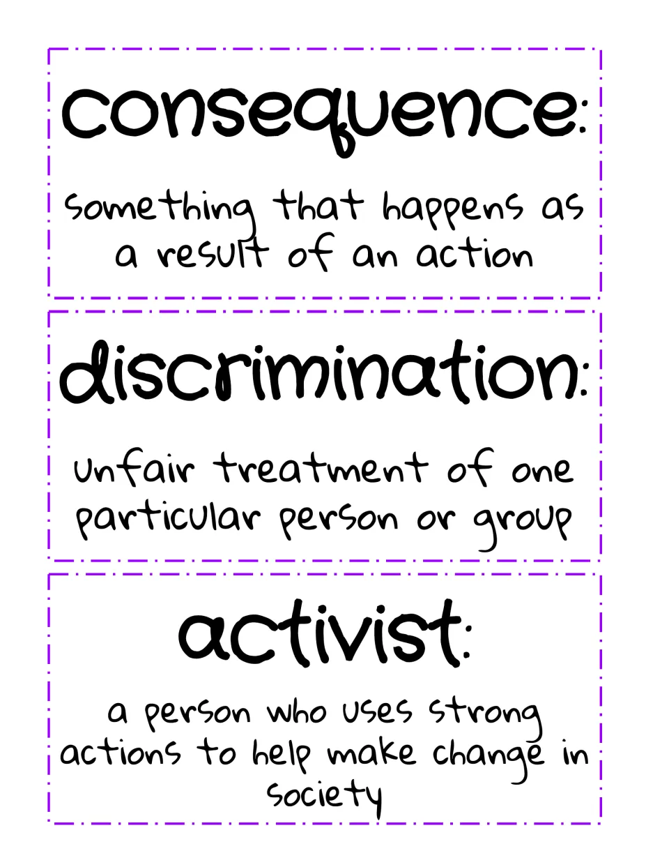 Vocabulary cards defining consequence, discrimination and activist, a person using strong actions to make change