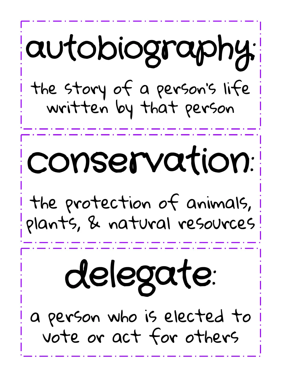 Vocabulary cards defining autobiography, conservation and delegate, each paired with its meaning