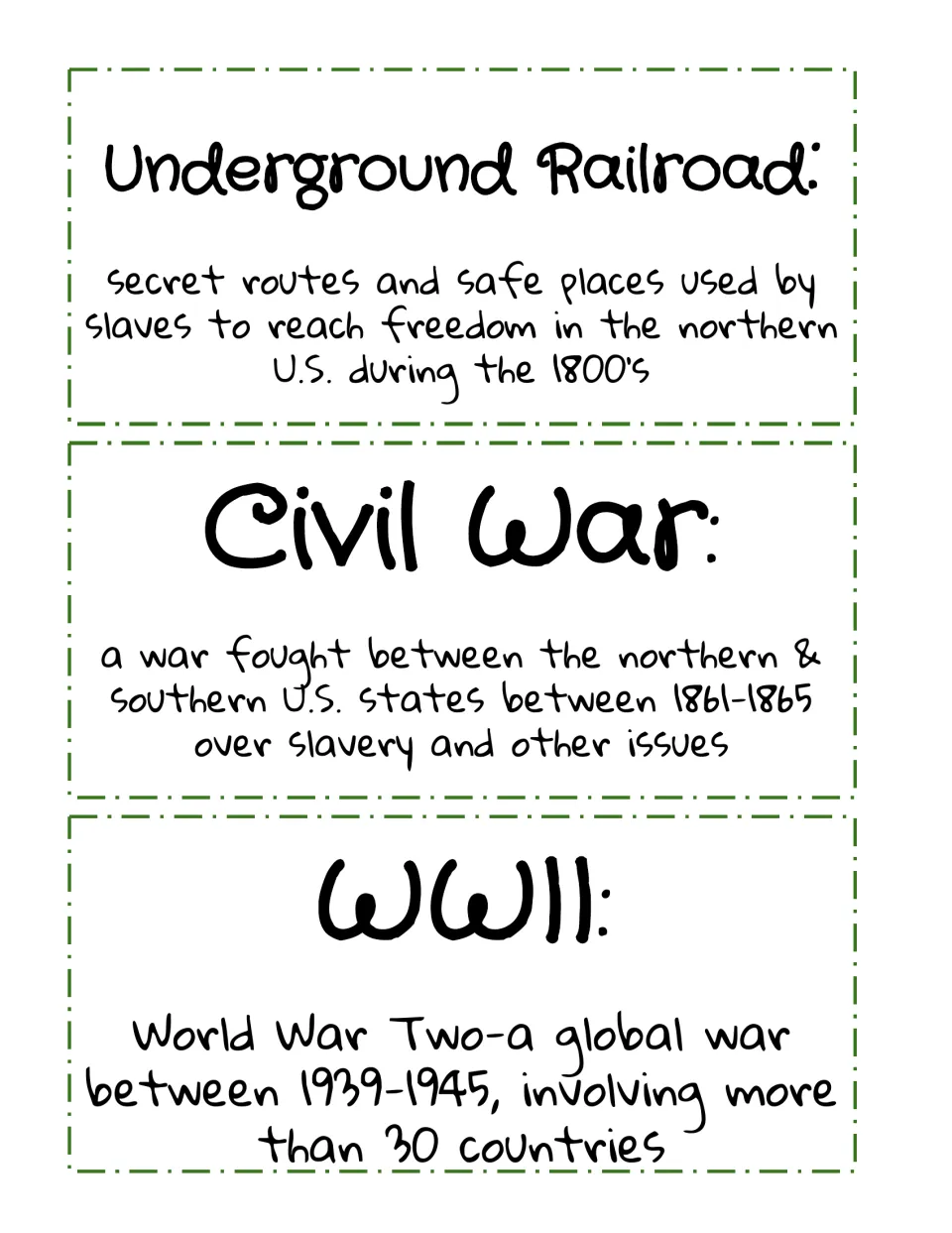 History term cards defining the Underground Railroad, the Civil War (1861-1865) and WWII (1939-1945)