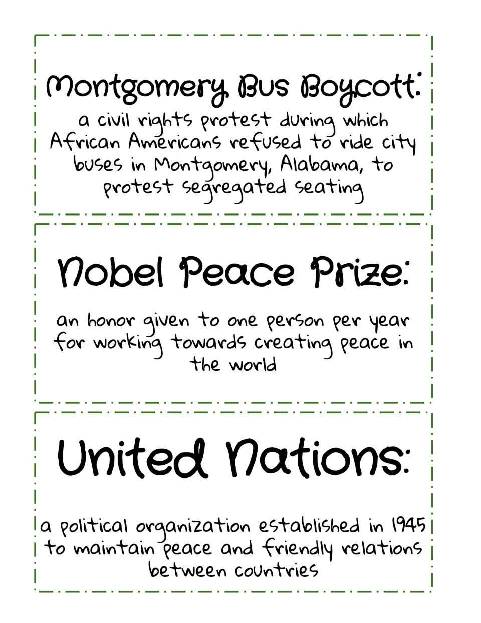 History term cards defining the Montgomery Bus Boycott, the Nobel Peace Prize and the United Nations, founded in 1945