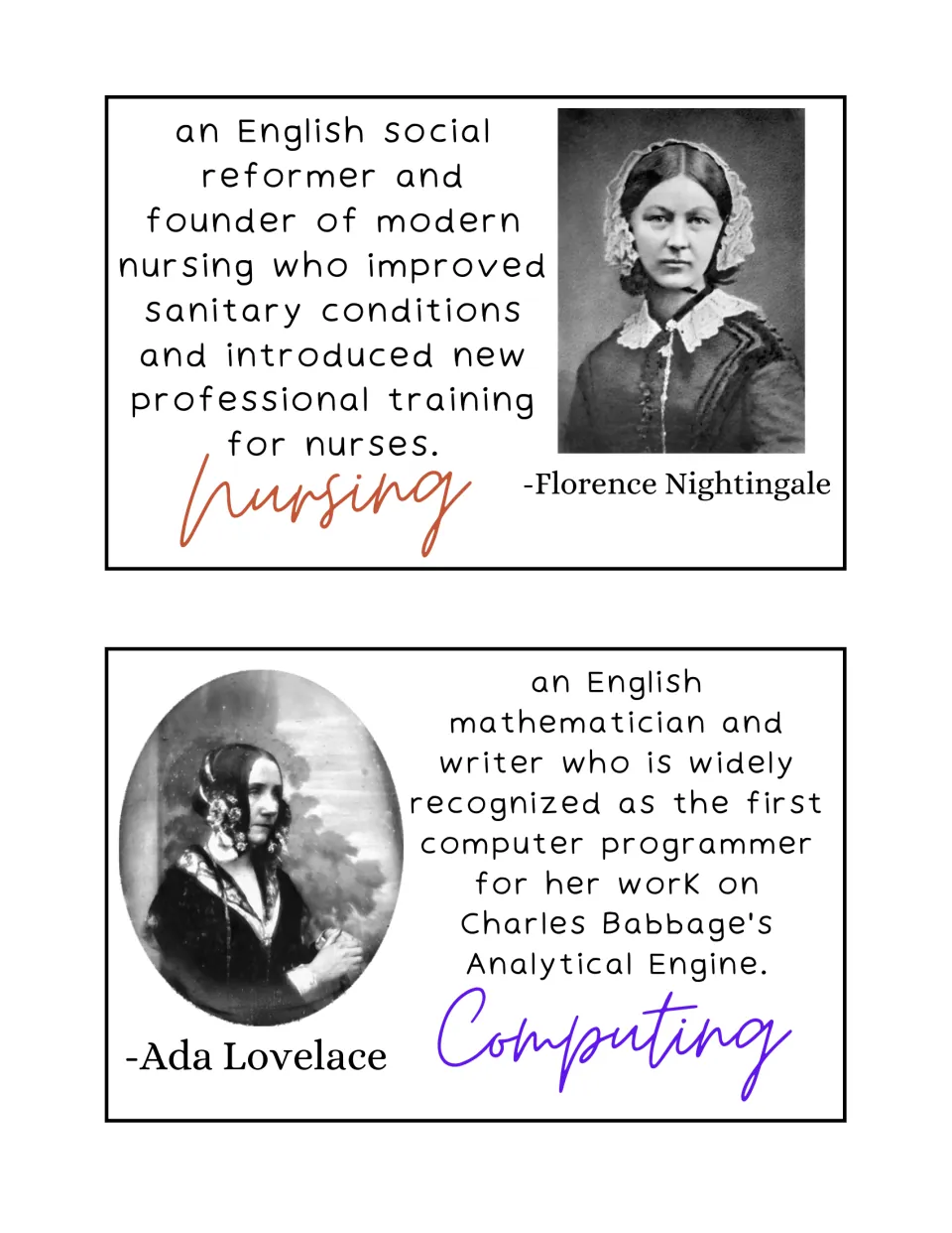 Biography cards for Florence Nightingale (Nursing) and Ada Lovelace (Computing), each with a photo and short summary