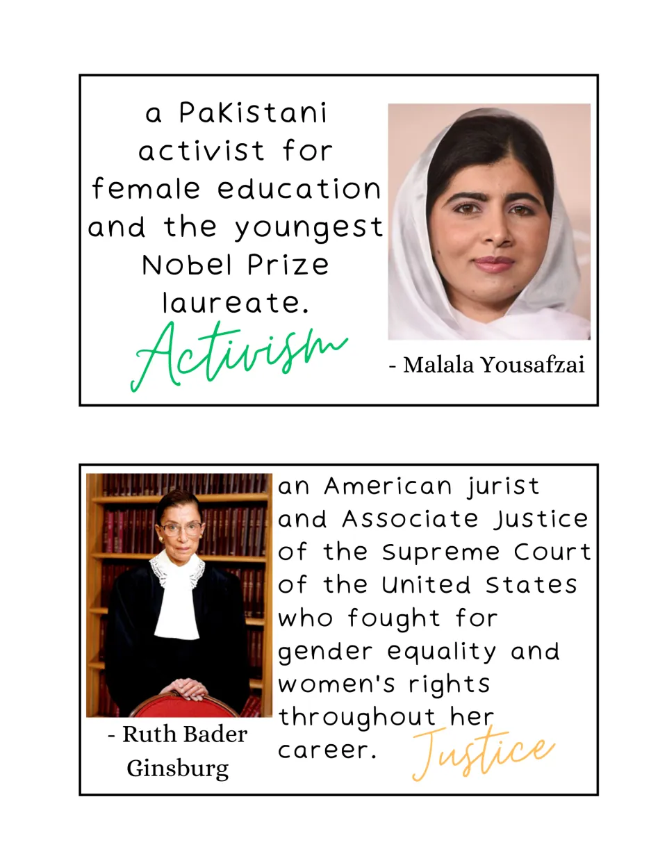 Malala Yousafzai card labeled Activism and Ruth Bader Ginsburg card labeled Justice, each pairing a portrait with a bio