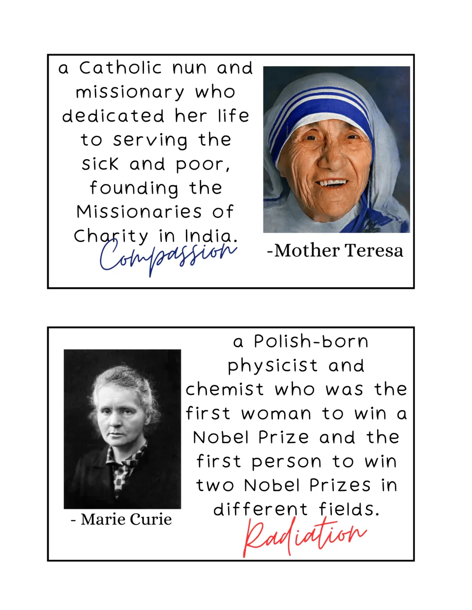 Mother Teresa (Compassion) and Marie Curie (Radiation) display cards: portrait photos with summaries of their life's work