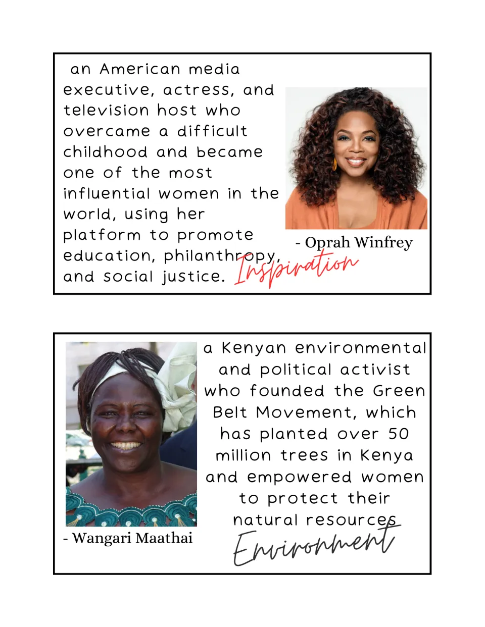 Oprah Winfrey card tagged Inspiration and Wangari Maathai card tagged Environment, noting the Green Belt Movement's trees