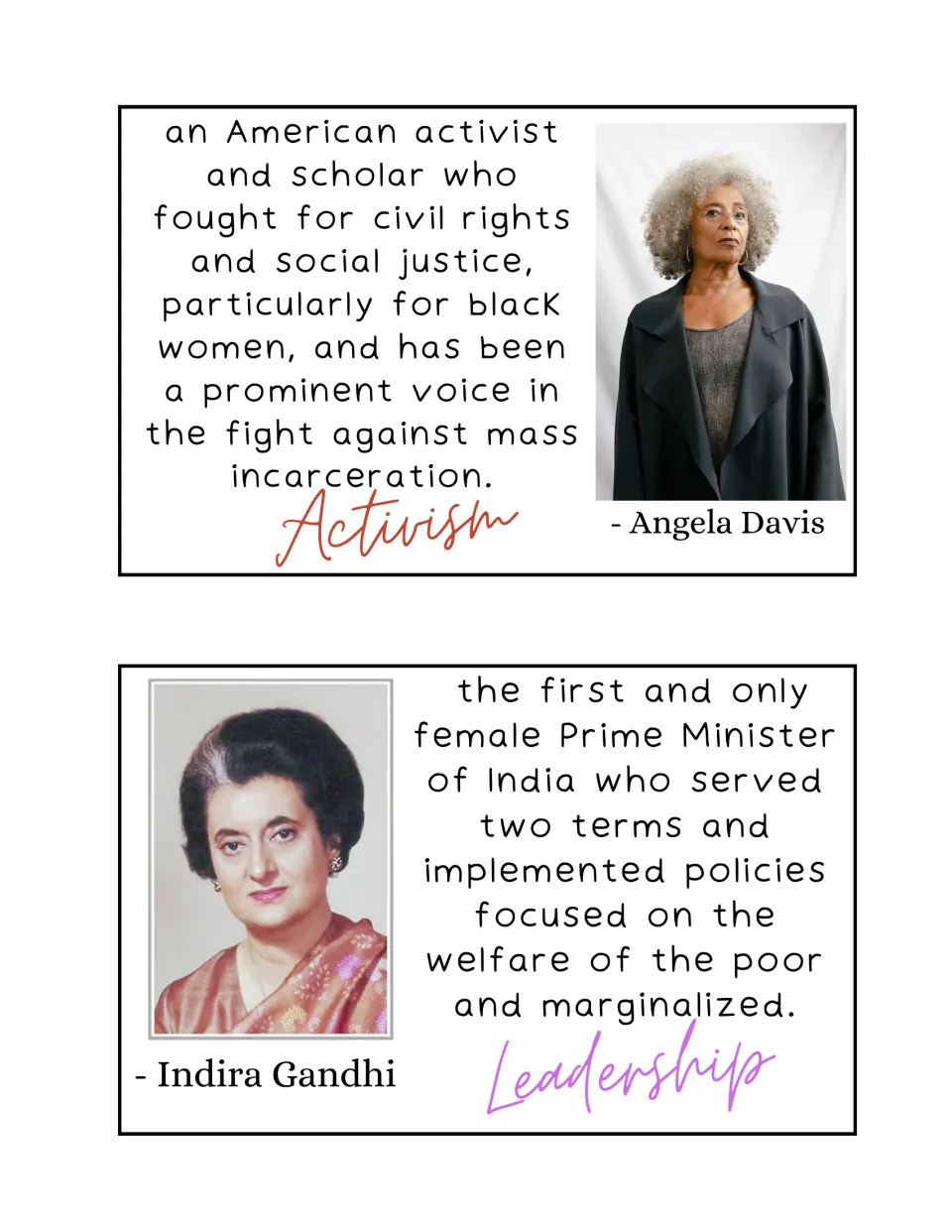 Angela Davis (Activism) and Indira Gandhi (Leadership) cards with photos, on civil rights work and India's prime minister