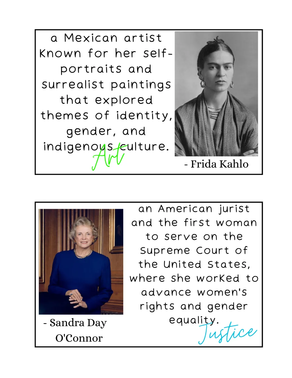 Frida Kahlo card for Art and Sandra Day O'Connor card for Justice, first woman on the U.S. Supreme Court