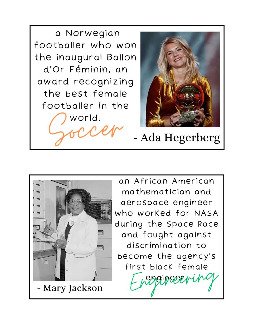 Ada Hegerberg (Soccer) holding the Ballon d'Or Féminin and NASA engineer Mary Jackson (Engineering) on two bio cards