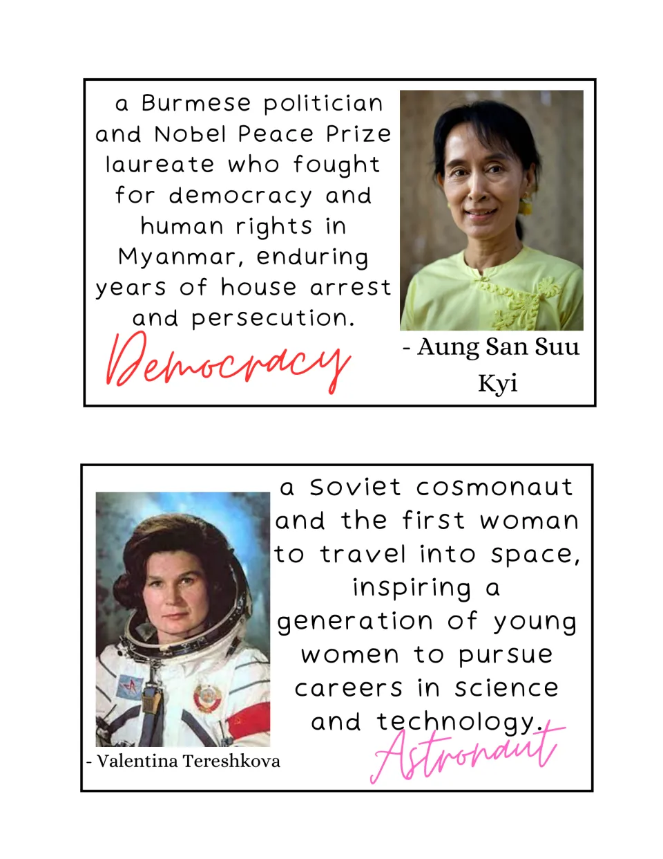 Aung San Suu Kyi card labeled Democracy and Valentina Tereshkova card labeled Astronaut, first woman to travel into space