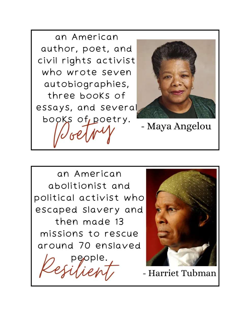 Maya Angelou (Poetry) and Harriet Tubman (Resilient) cards with portraits, citing Angelou's books and Tubman's 13 rescues