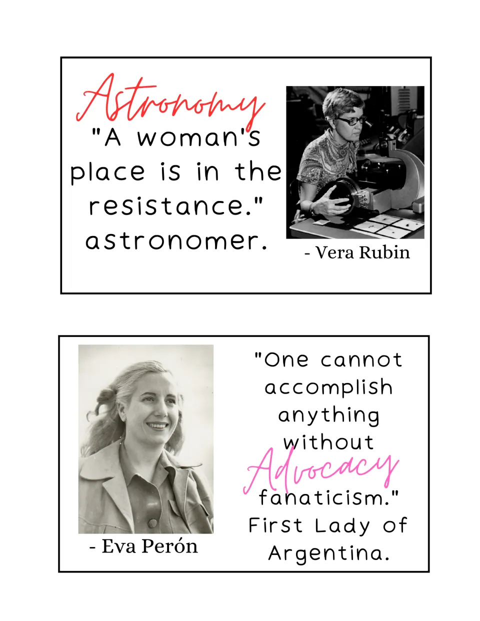 Quote cards for astronomer Vera Rubin (Astronomy) and Eva Perón, First Lady of Argentina (Advocacy), each with photo